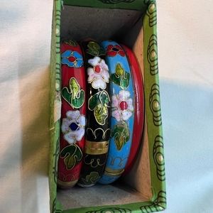 3 Vintage Chinese Cloisonne Enamel Hinged Bangle Bracelets and 1 Red Bangle